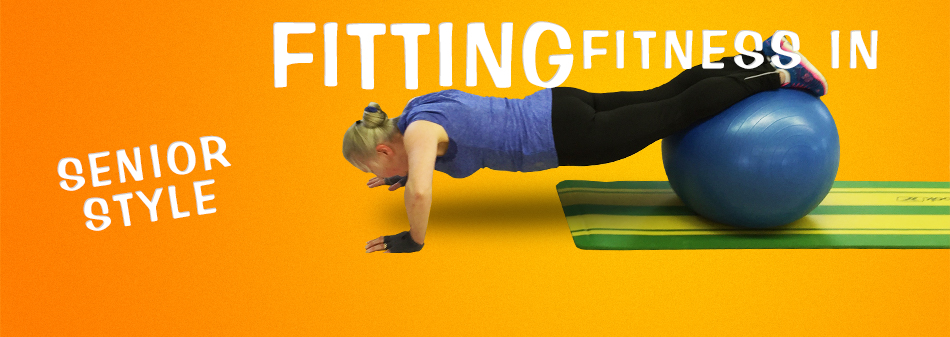 Senior woman doing a pushup with an inflatable exercise ball so she can Fit Fitness In - Senior Style!