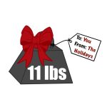 metal weight labeled "11 lbs" with a red gift bow on it