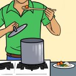 Illustration of a man cooking, bringing a piece of food up to his mouth