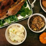 Top down view of a turkey and side dishes on a table