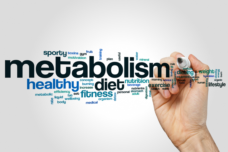 Graphic of a hand with a pen with floating words, including "metabolism, sporty, healthy, diet" and other health related words