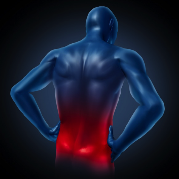 Graphic of a person's back, with their lower back glowing red to indicate pain.